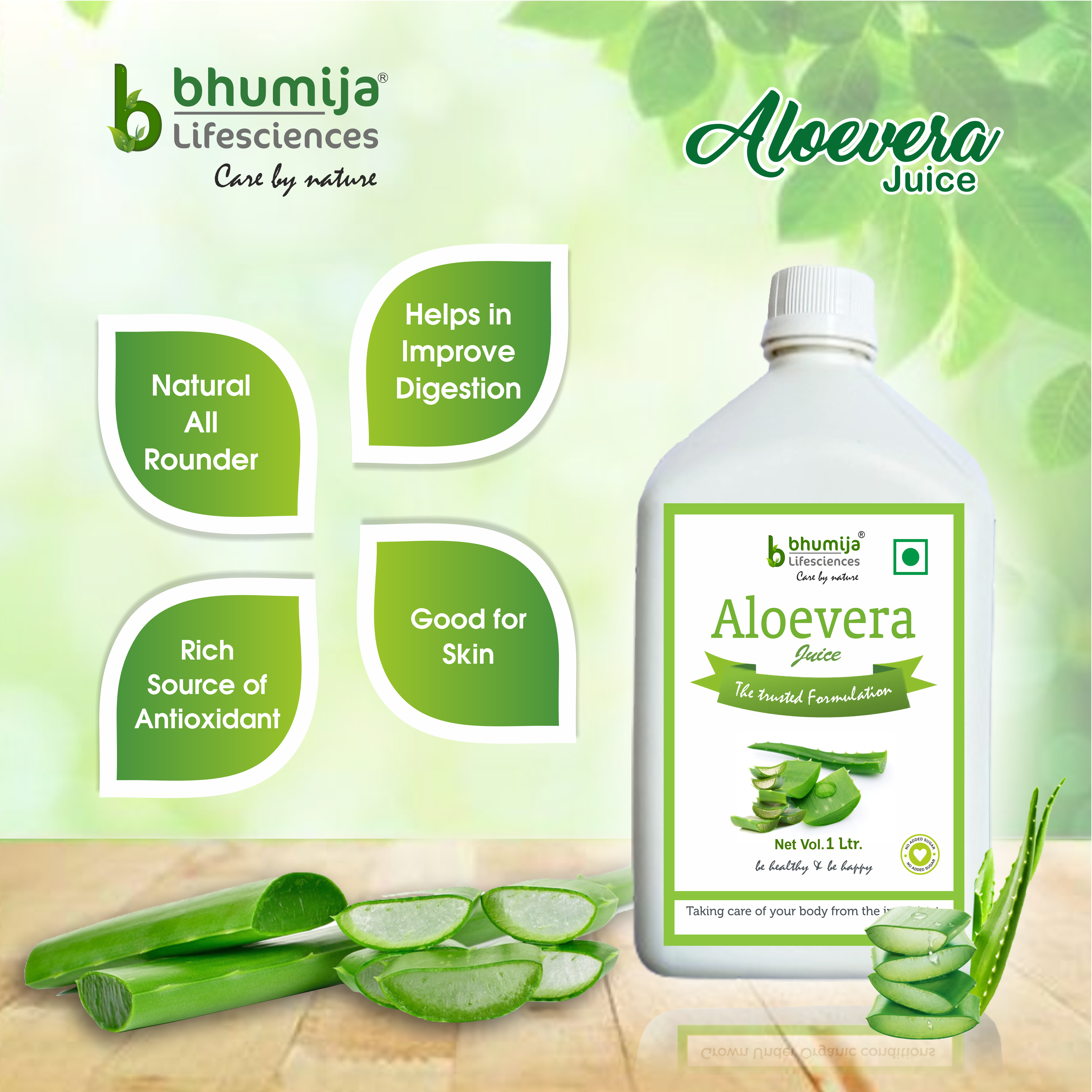 Bhumija Lifesciences Aloe Vera Juice (with Pulp) Natural Juice Skin and Hair 1 Ltr.