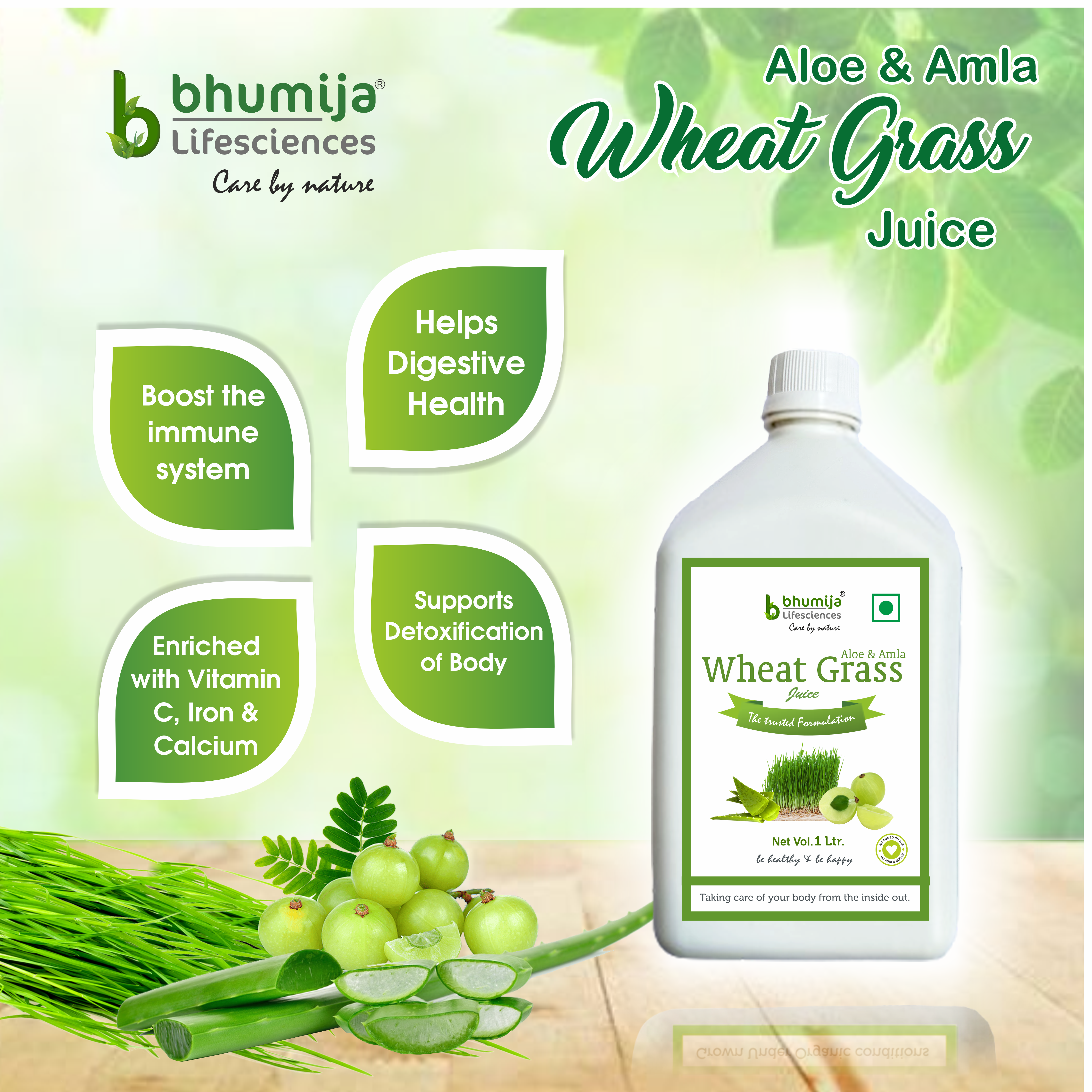Bhumija Lifesciences Wheatgrass With Aloevera & Amla Juice 1000 Ml