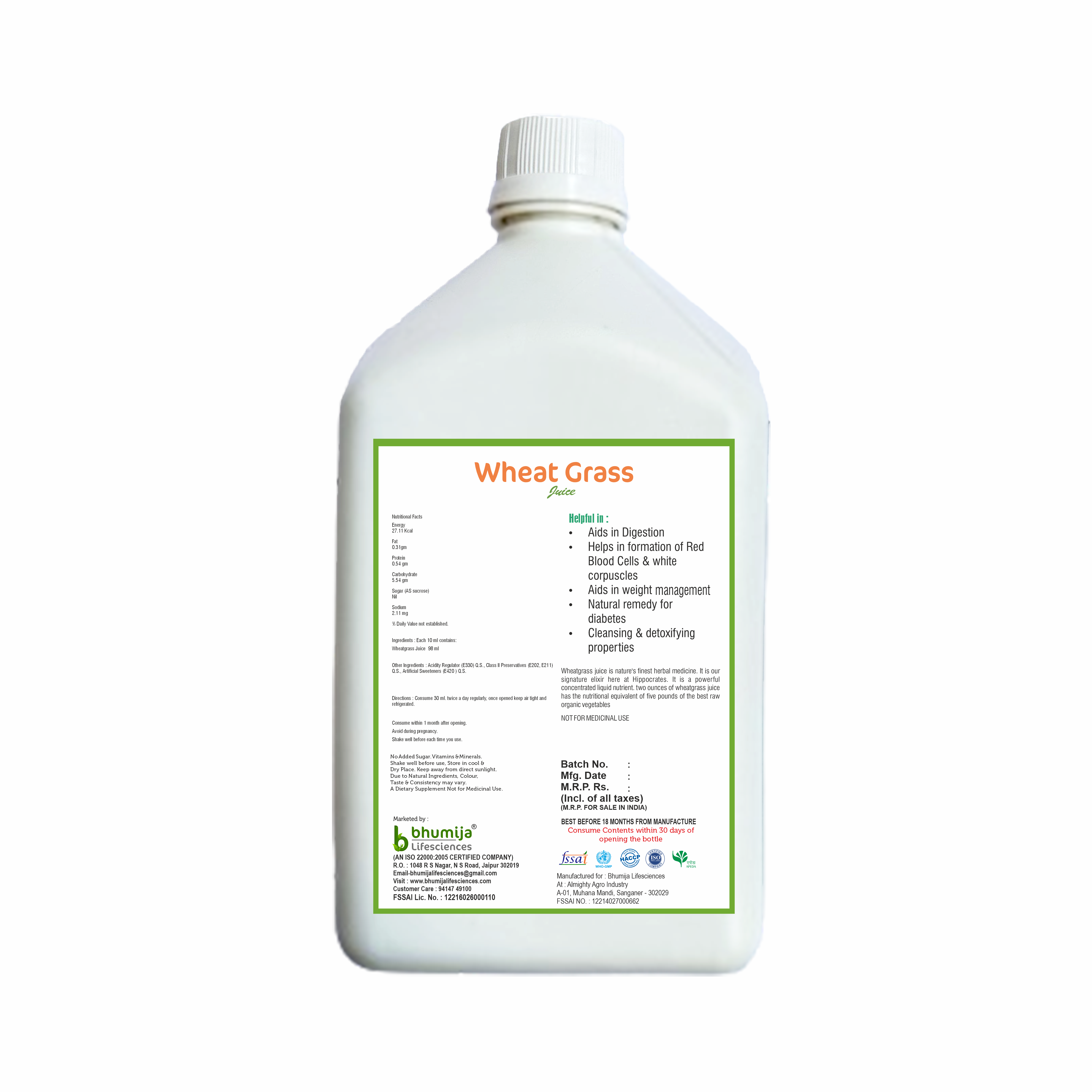Bhumija Lifesciences Wheatgrass Juice With No added Sugar 1 Ltr
