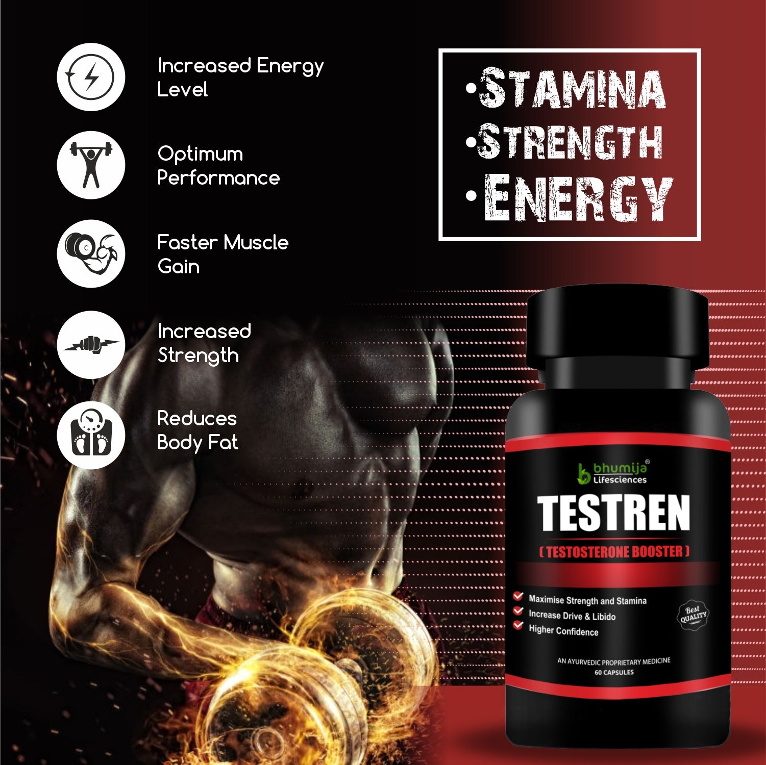 Bhumija Lifesciences Testosterone Booster Supplement for Men 60 Capsules - For Muscle Mass, Testo Boost